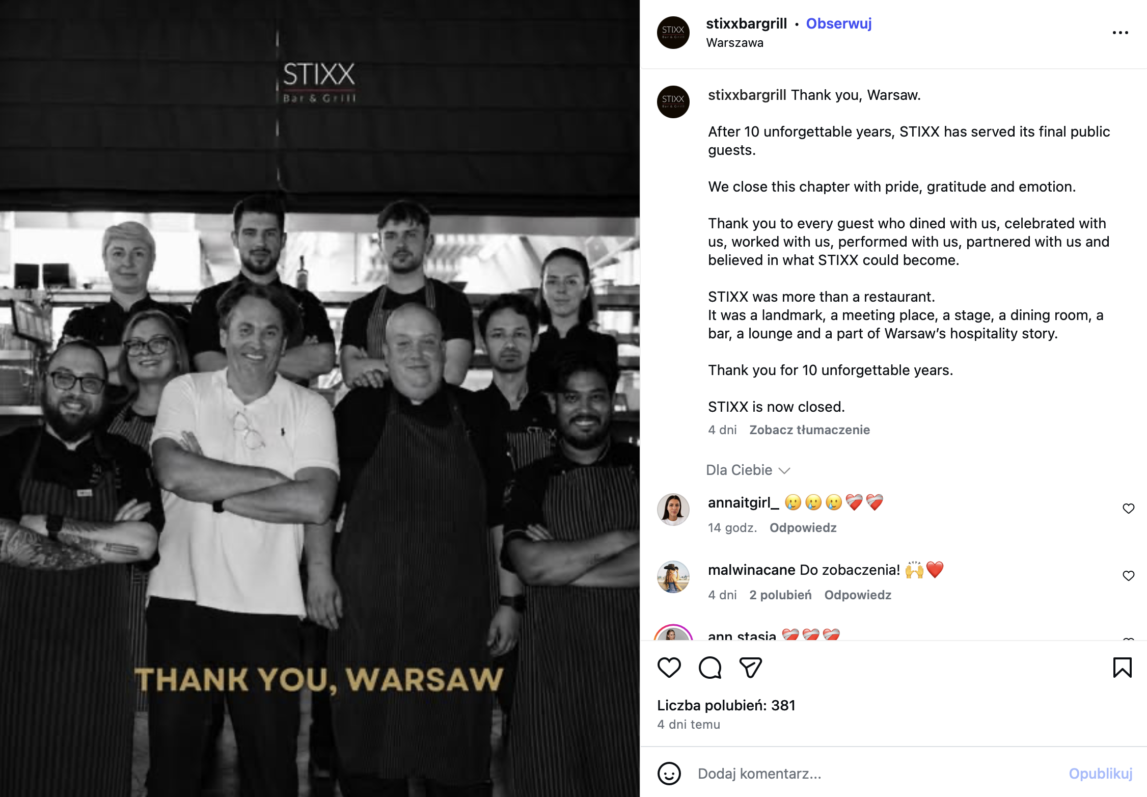 A black and white group photo of the STIXX Bar and Grill staff with the text "THANK YOU, WARSAW" overlaid, taken from their official Instagram closure announcement.